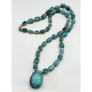 Vintage blue stone scarab Egyptian revival beaded necklace